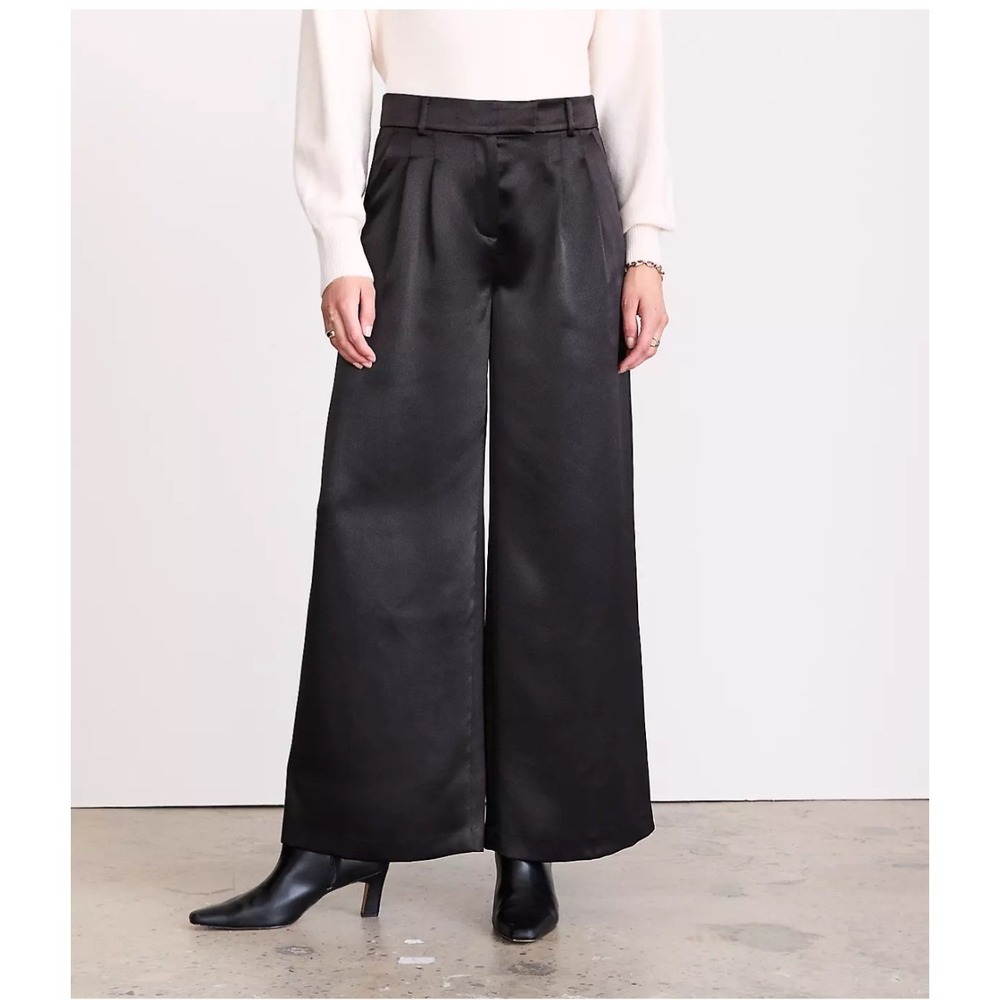 Loft Versa Black Satin Pleated Palazzo Wide Leg Pants Size 14